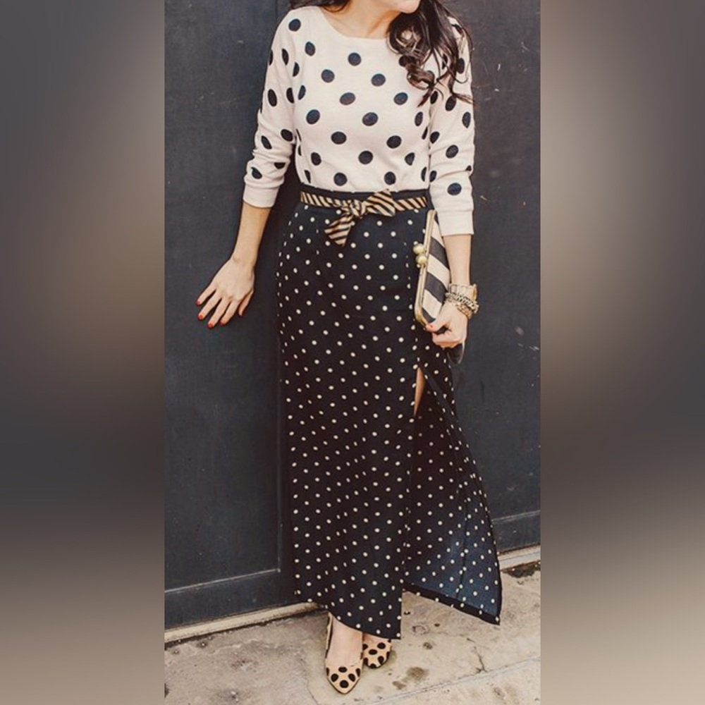 Lumiere Cream Black Raised Embroidered Polka Dot Long Sleeve Crew Neck Sweater S